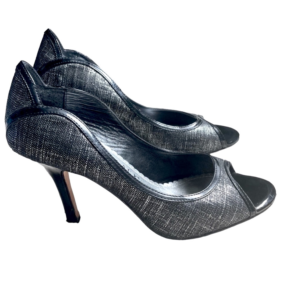 White House Black Market Black Silver Shimmer Open Toe Scallop Heels Shoes 6.5